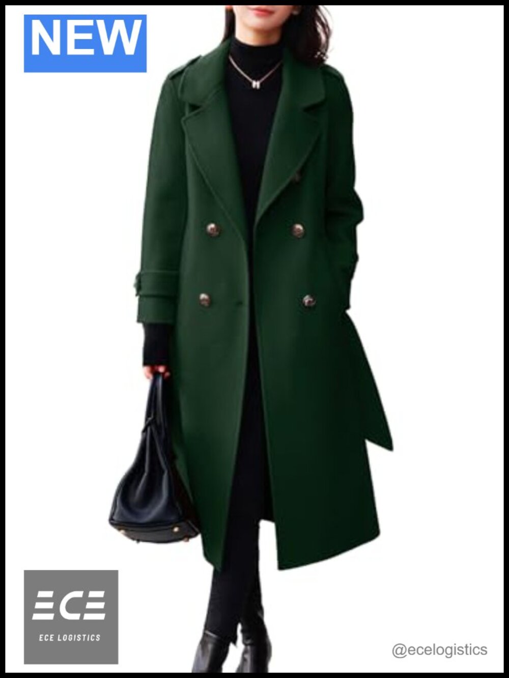 Women's Belted Wool Coat Double Breasted Midi Peacoat